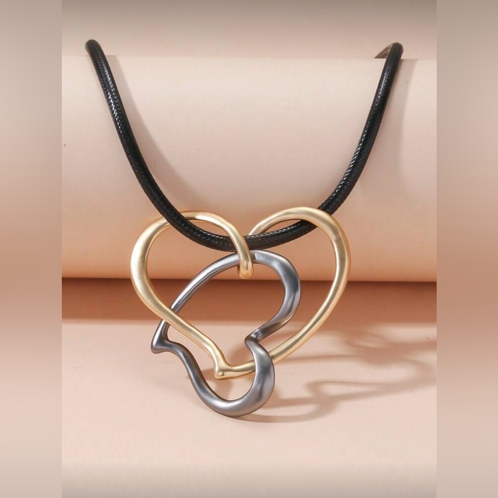 Modern Gold Silver Double Heart Pendant Necklace Minimalist Mixed Metal Cord 18”